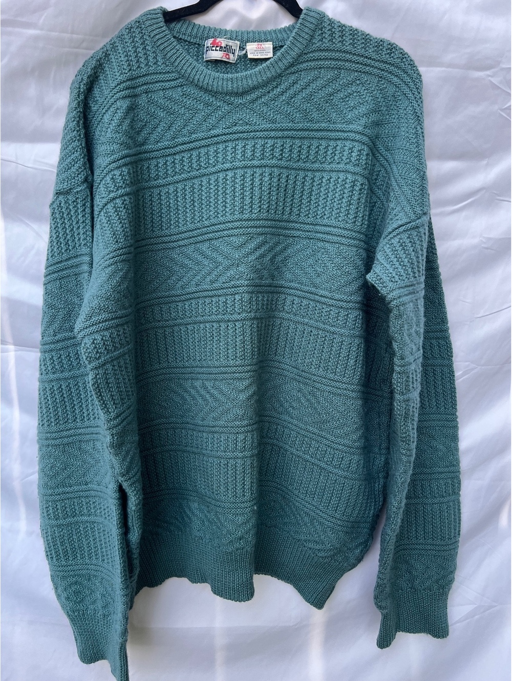 Vintage Piccadilly 100% Wool Sweater 2X Tall Teal Cable Knit Textured Pullover